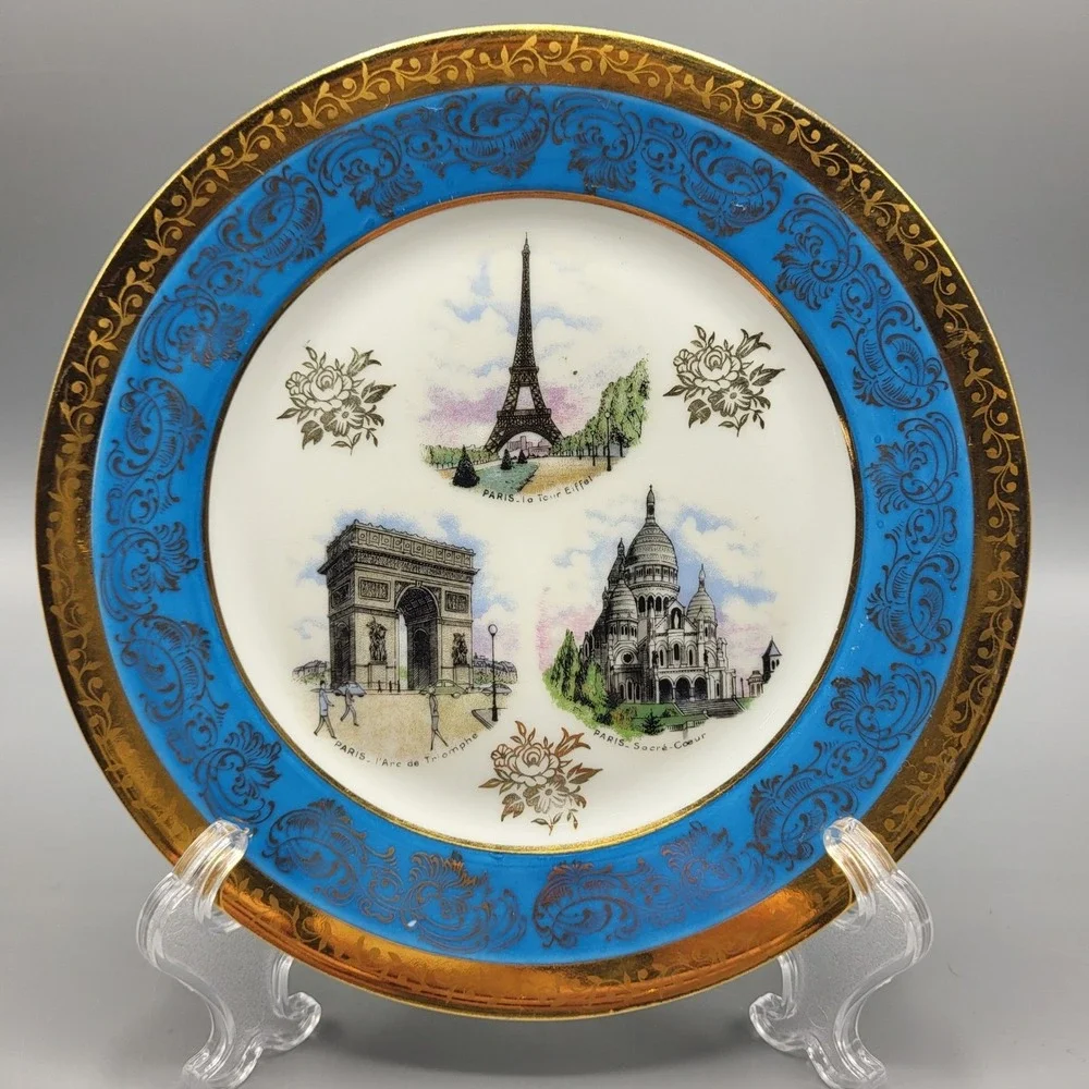 Limoges Decorative Plate Paris Landmarks Eiffel Tower Gold Turquoise Blue France